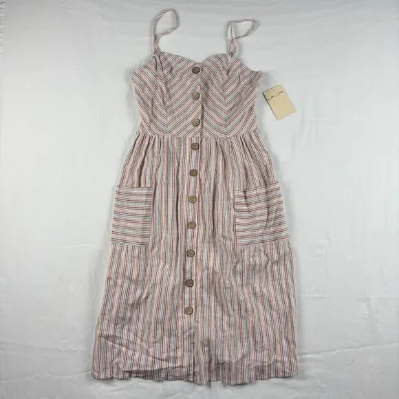 BeBop Spaghetti Strap Linen Button Front Pocketed Midi Dress Women's Size M Pink - Picture 1 of 12